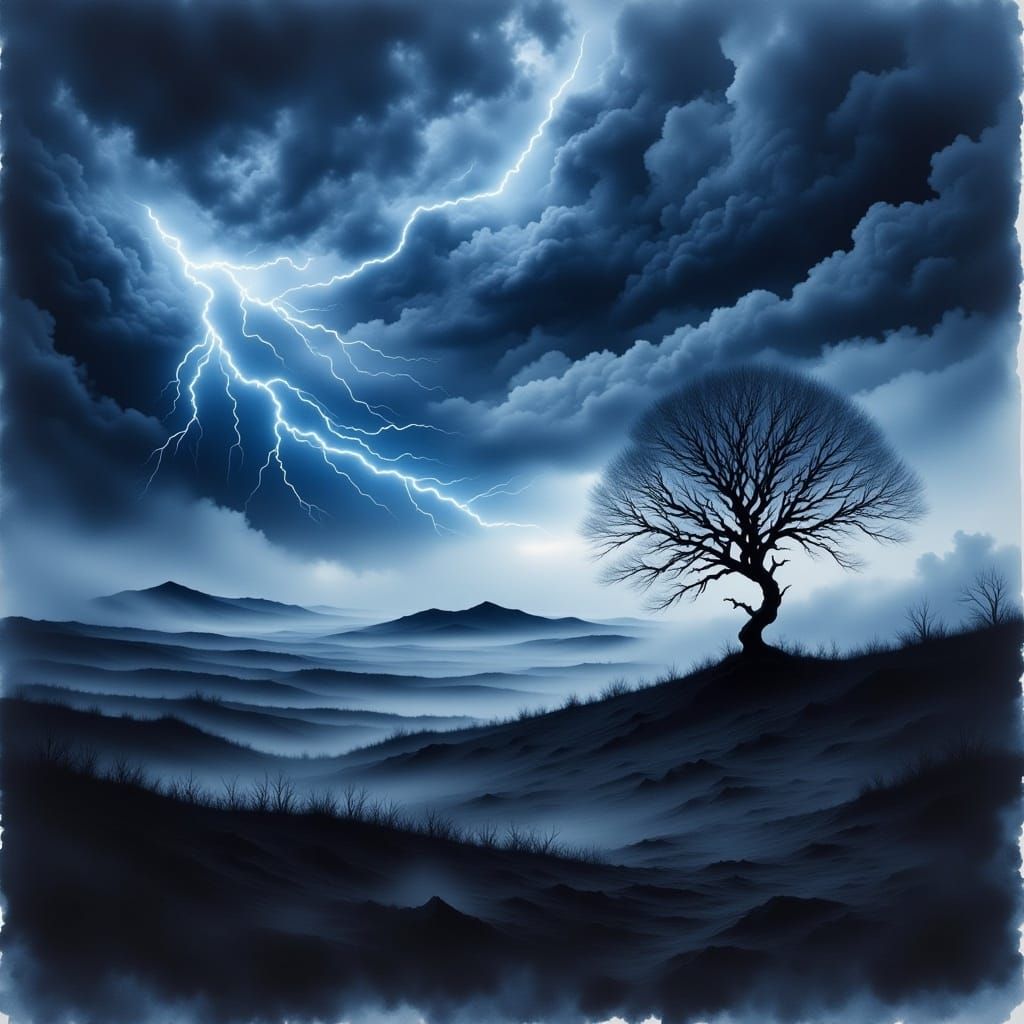 <lora:Landscape Intensity:1.0> Watercolor landscape, gothic barren black hills, dark dramatic epic storm clouds, lightning, black and dark b...