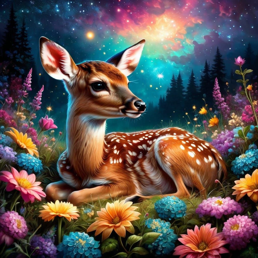 A fawn laying in a bed of beautiful flowers  #2