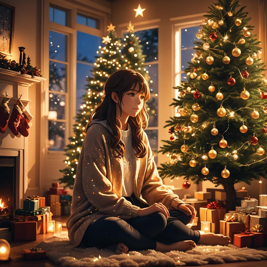 Lit Christmas tree with Christmas lights running around it with decorative bulbs by a lit fireplace and a closed window. Very calming feeli...