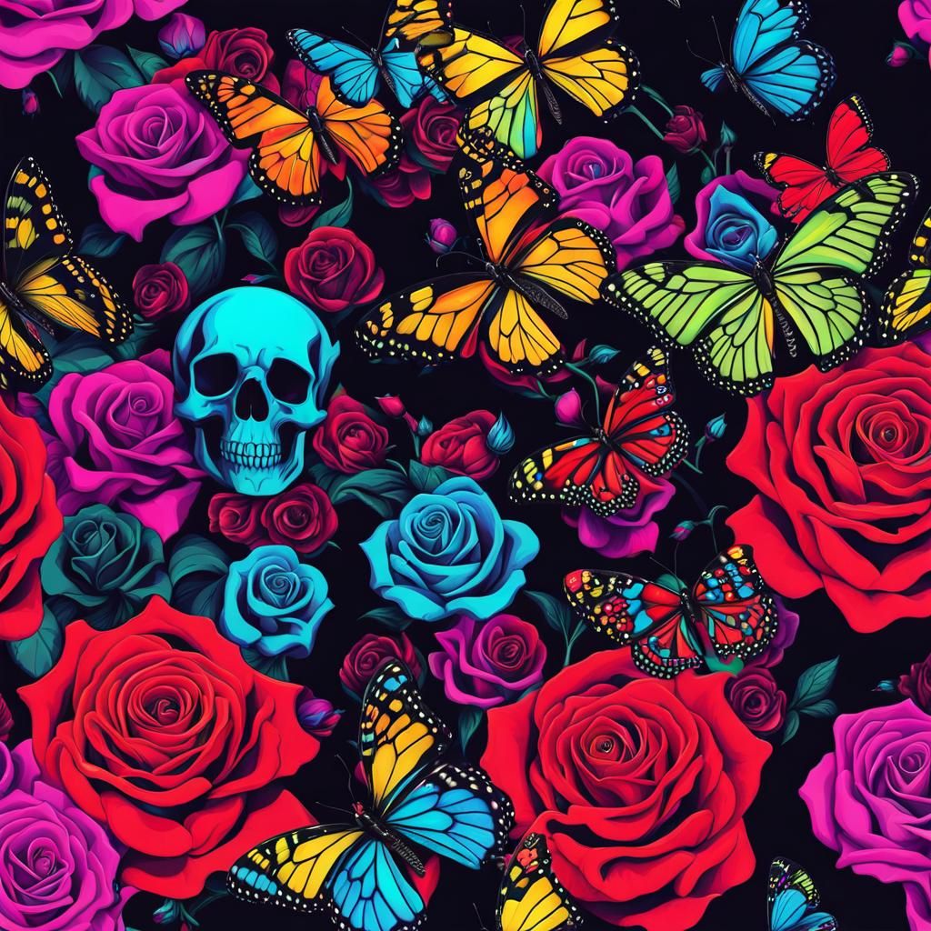 Skulls roses butterflies psychedelic.