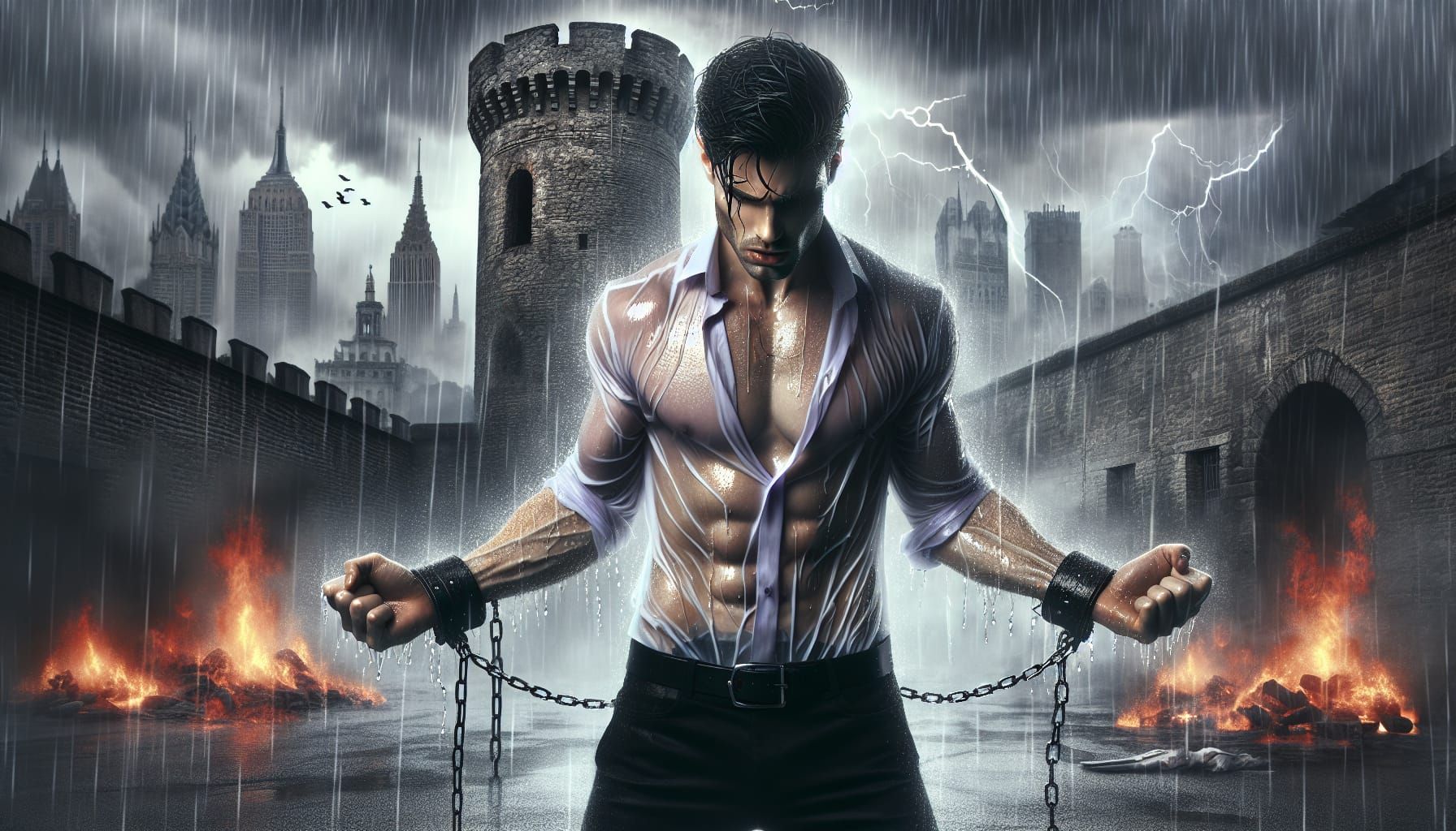A young handsome vampire with a toned body tied to an old tower with arms up in the foreground of an abandoned city covered in fog and rain,...