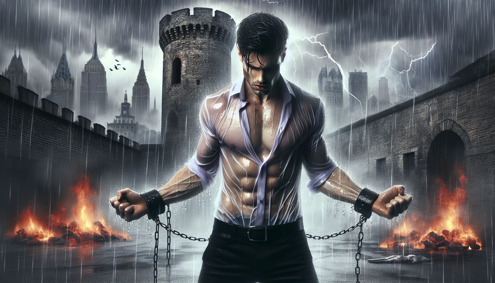 A young handsome vampire with a toned body tied to an old tower with arms up in the foreground of an abandoned city cove...