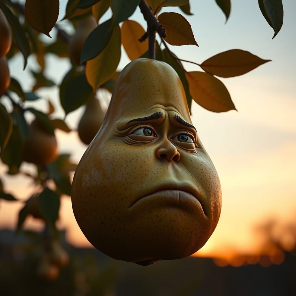 A large pear hanging on a pear tree, but this one has a human like worried face. Photorealistic. 35mm ...  by @SlowD4ddy