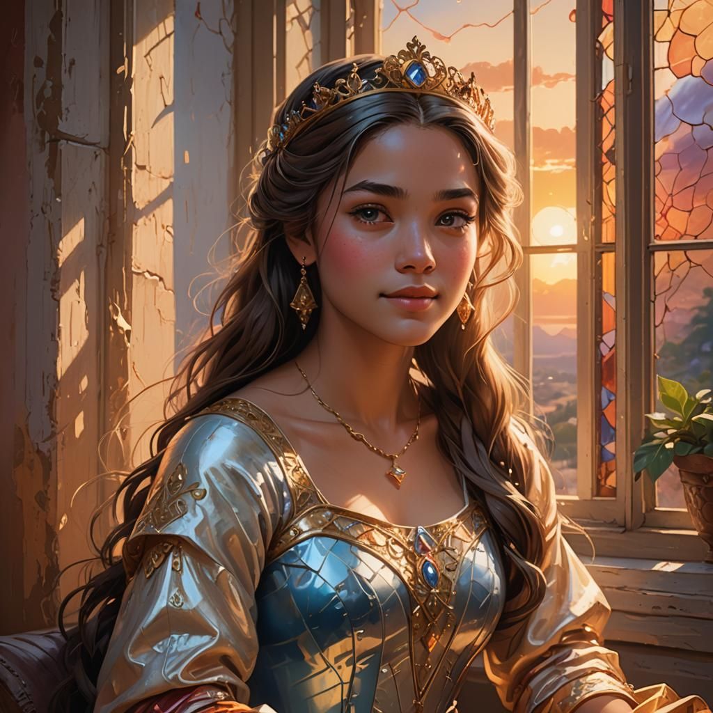 Serene Princess Reflecting Sunset: Hyperrealistic Splash Art