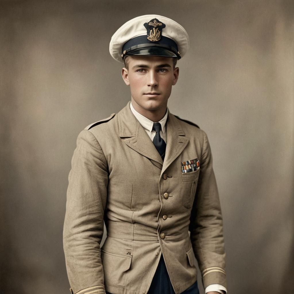 a handsome 1920s American sailor in his uniform, in full col...