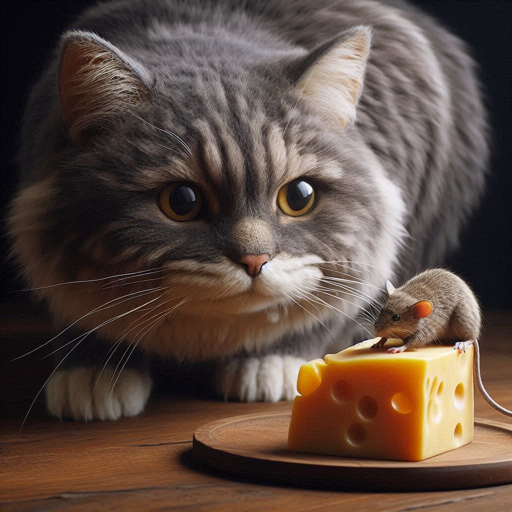 A realistic cat trying to steal cheese from a mouse
