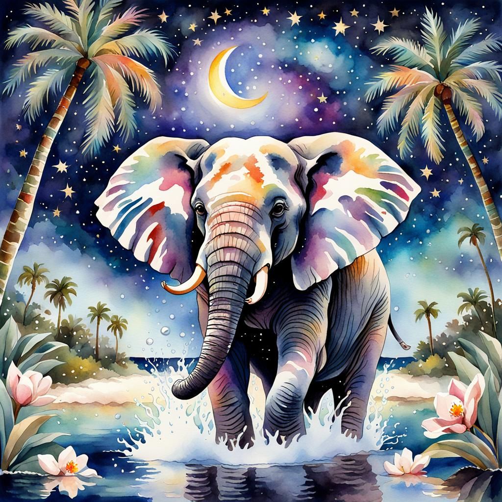 A watercolor depicting a beautiful multicolored Easter eleph...