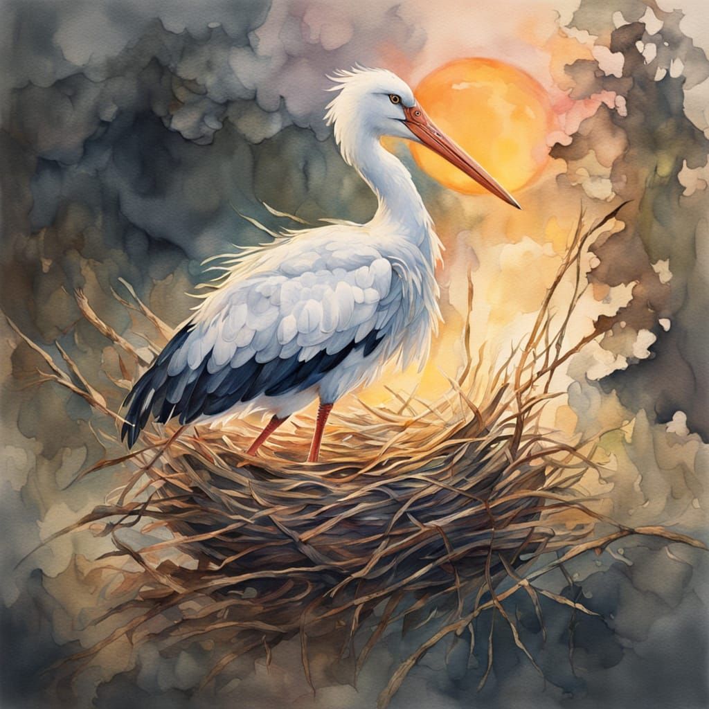 Watercolor illustration of a stork in its nest. The stork is standing gracefully in a large nest made of twigs, with soft golden sunset ligh...