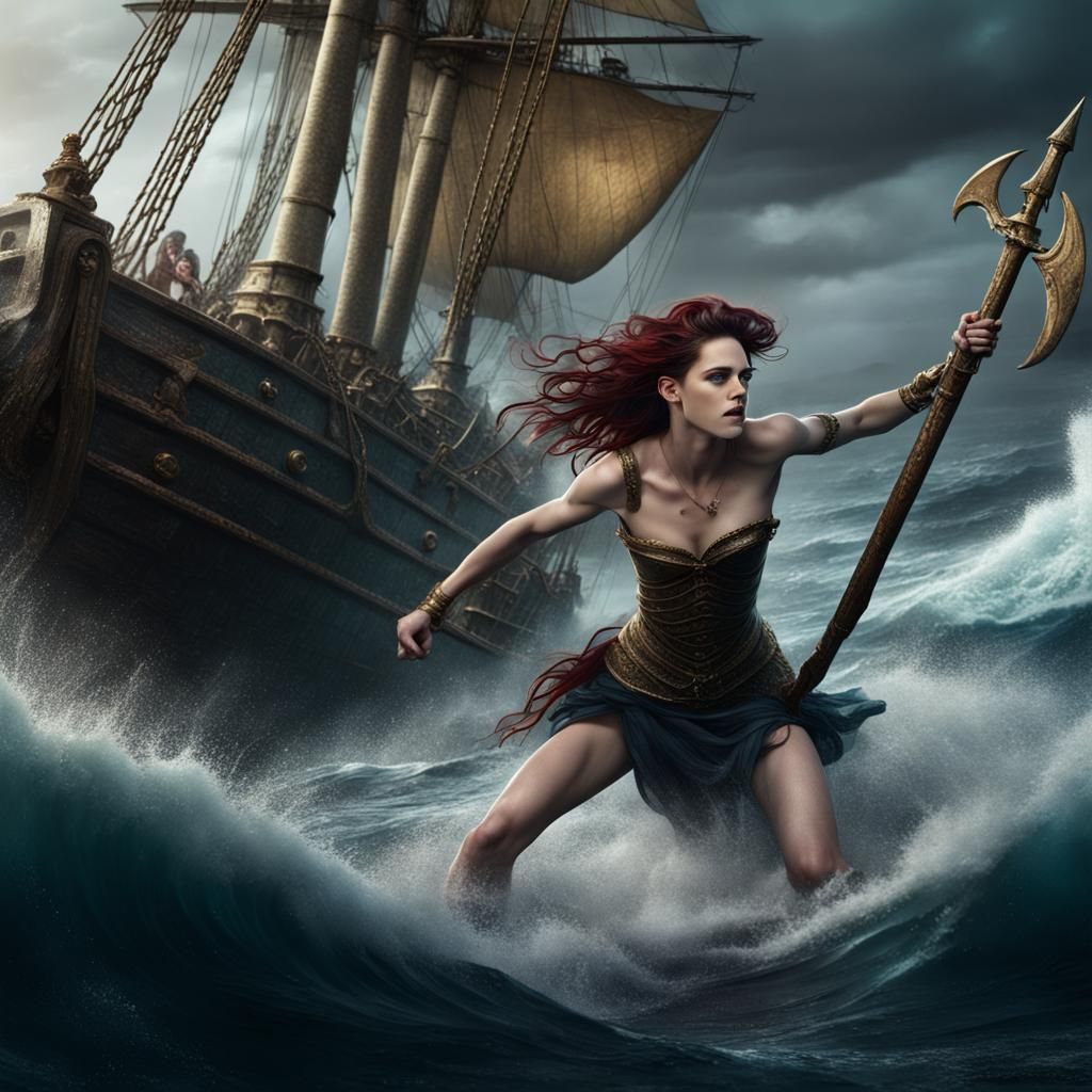 Young lovely Kristen Stewart as a siren attacking a Greek ship in a ...