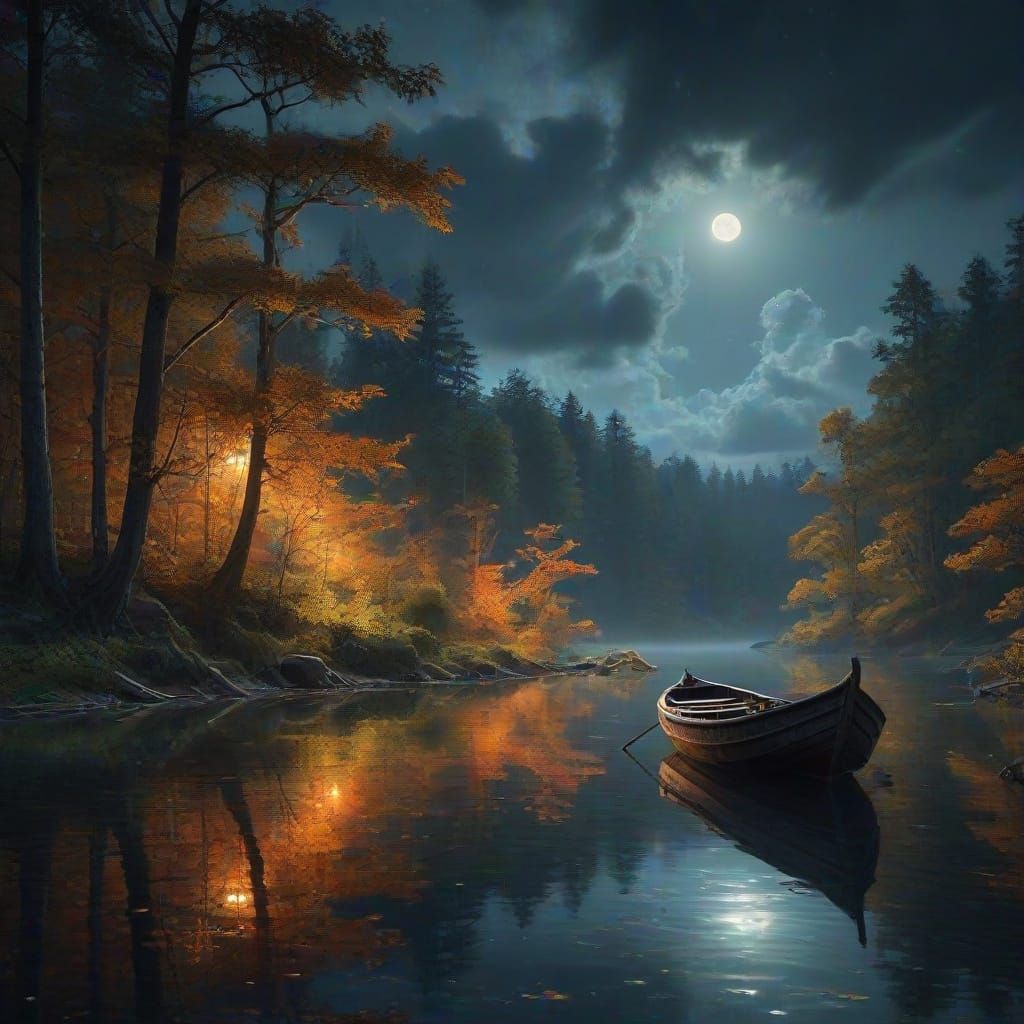 Create a stunning fantasy-style image of an ancient boat sailing on sparkling water in a field of magical forest. The boat will be completel...