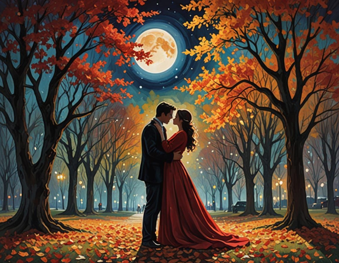 Neo Impressionist painting of the silhouette of a proposing marriage to a woman in an autumn park at ...  by @Kindly Offer