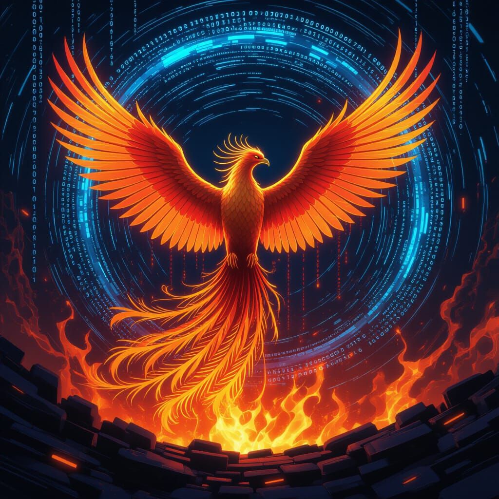 A majestic phoenix, its feathers composed of shimmering lines of binary code, rising from a digital inferno. The background is a swirling vo...