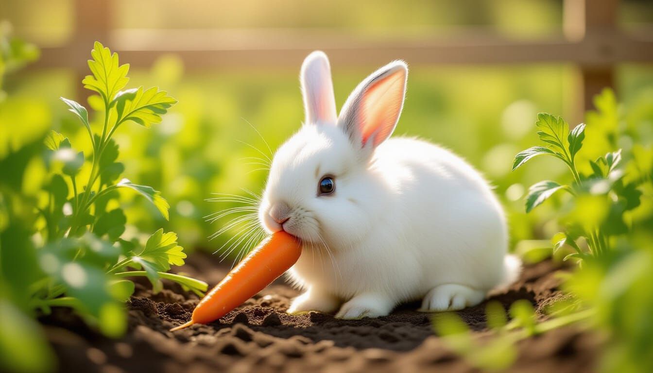 "Ultra realistic photo of a fluffy white rabbit gently nibbling a small orange carrot in a quiet, sunlit green vegetable garden. Soft, warm ...