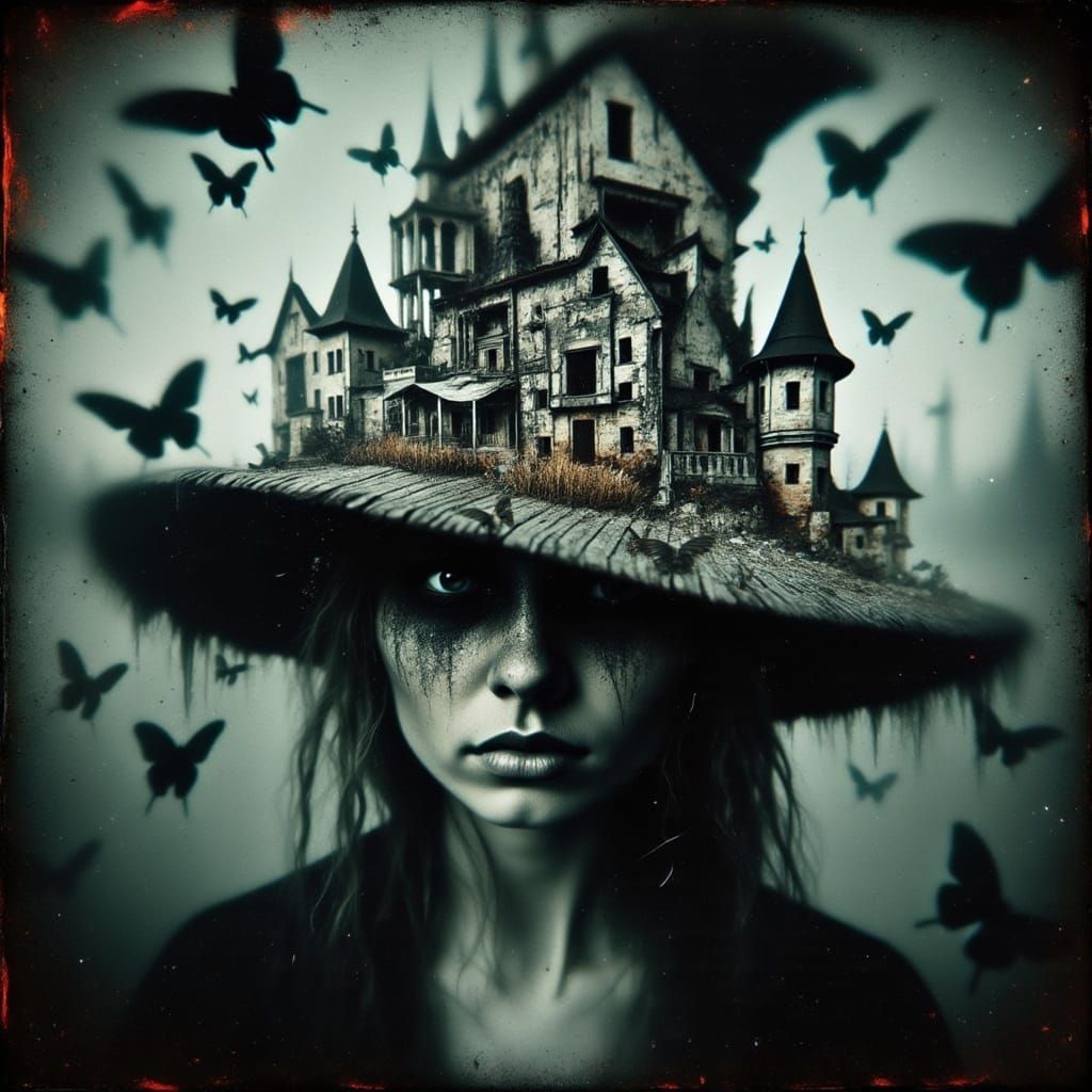 <lora:Abyss:1.0>witch  HAT! A captivating and intricate image of a hat in a beautiful witch head  with a witch city on top of the hat . ,dep...