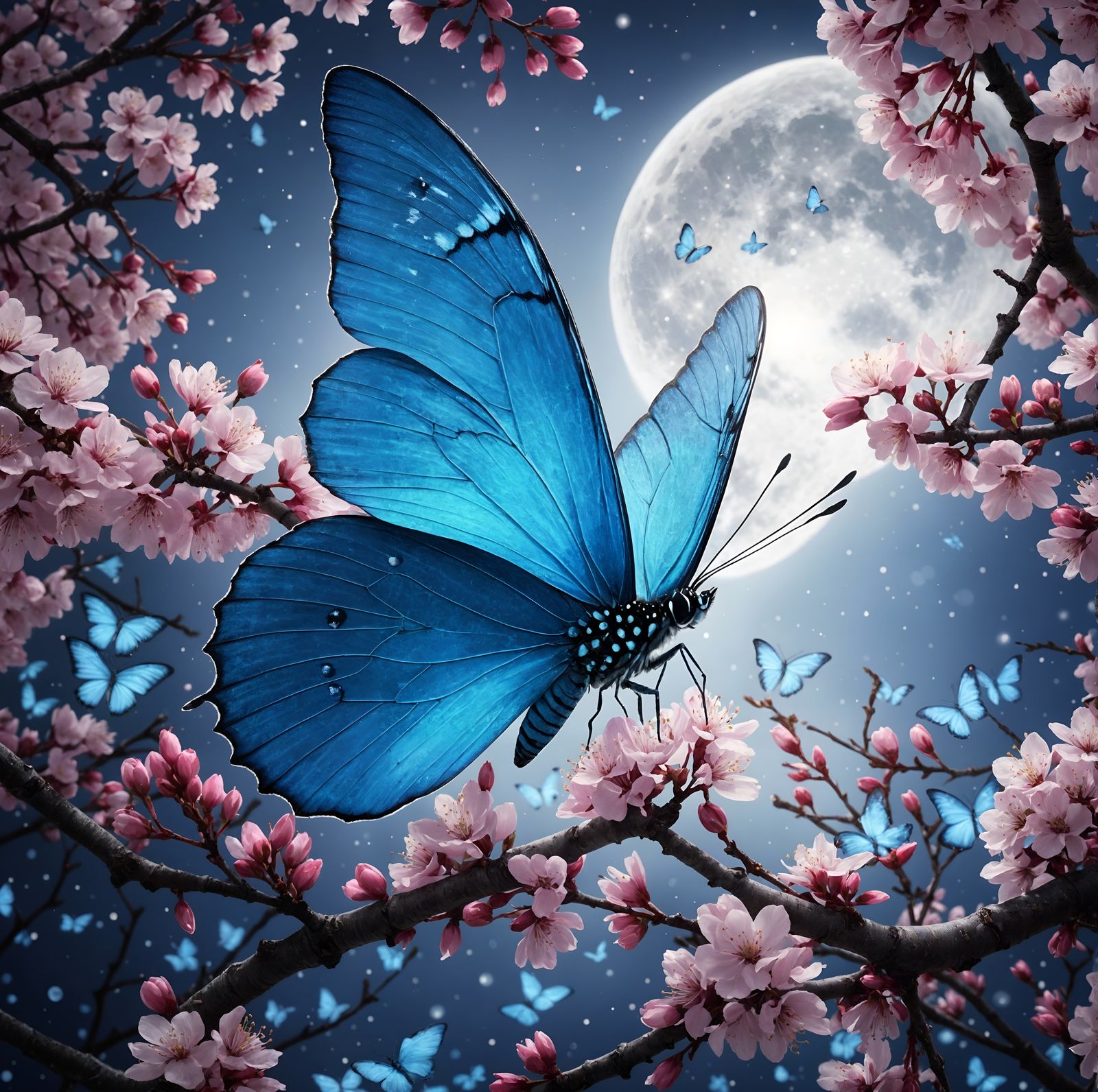 photorealistic, vibrant blue butterfly, cherry blossoms, moon, mystical ...