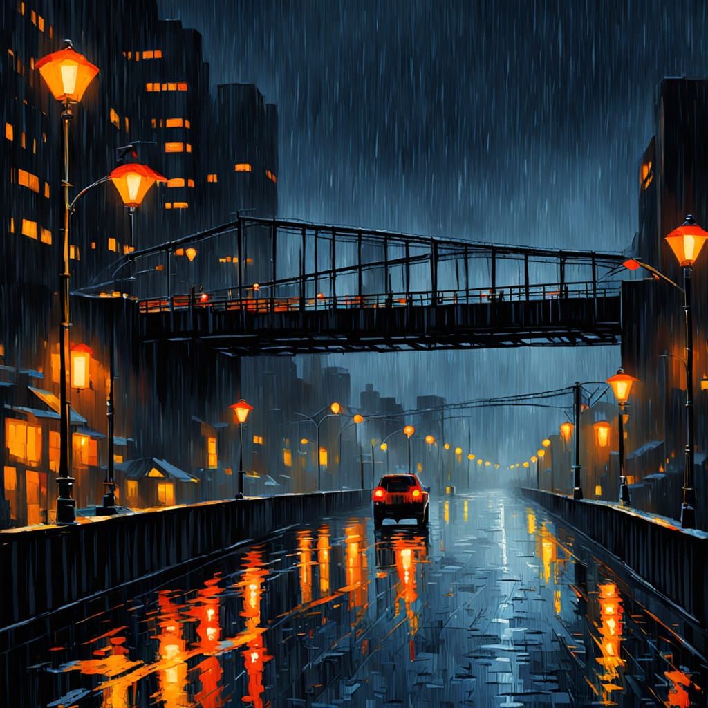 Rainy City Bridge at Night in Post-Impressionist Style