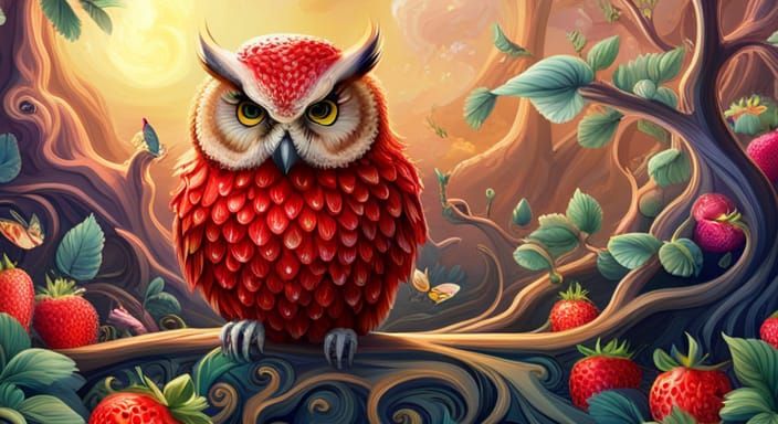 Fantasy Strawberry Owl in a forest of strawberries  by @DIGITaiLS66