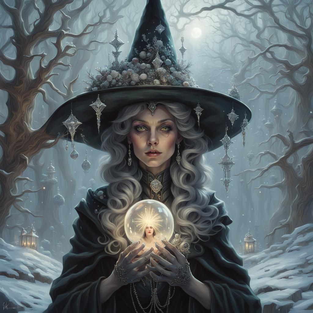 Portrait, Christmas witch , adorned with crystals, surreal, sparkling ...