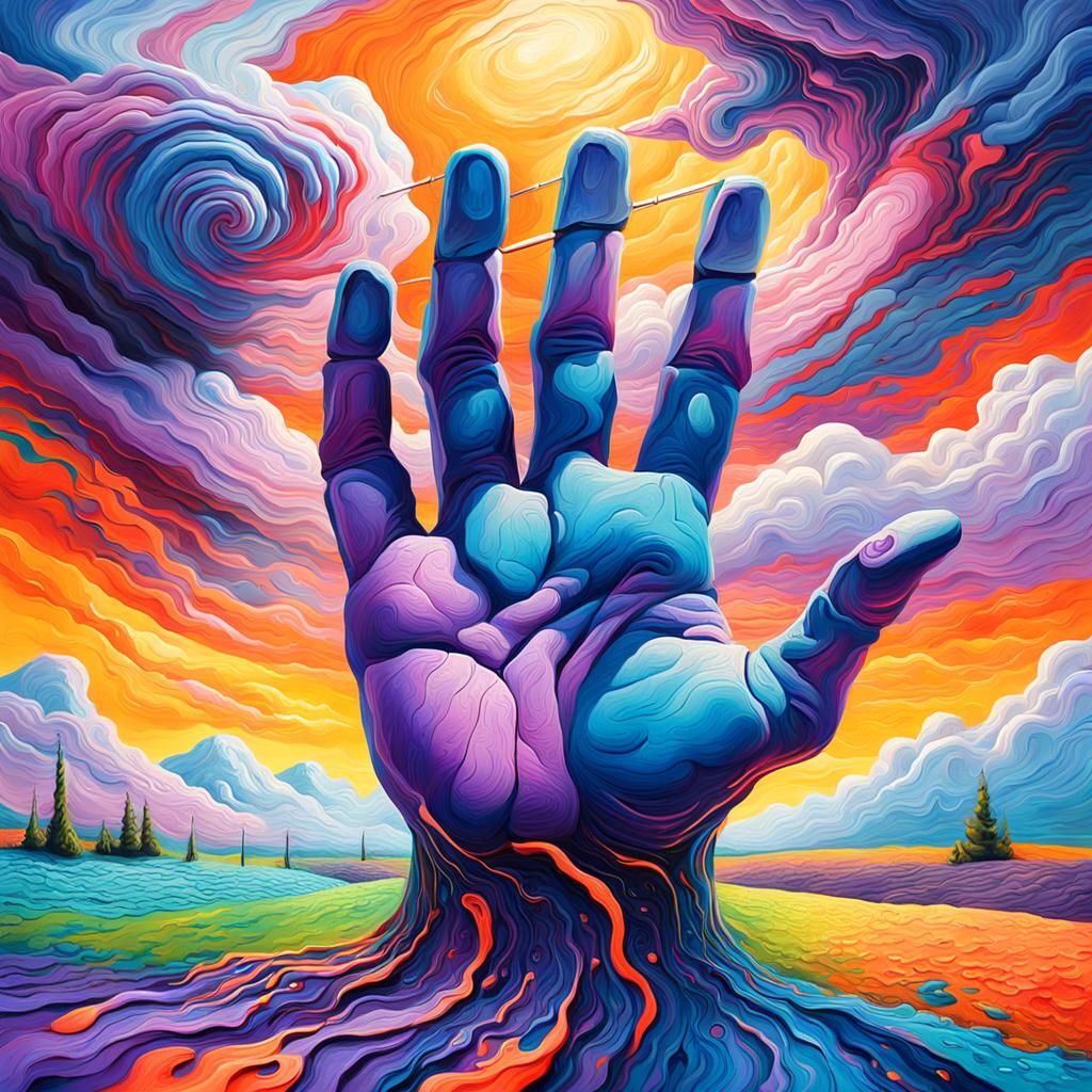 Hand Reaching Clouds in Surreal Impasto Landscape