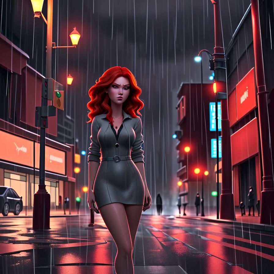 Woman with red hair standing under a lightpost in a rainy ni...