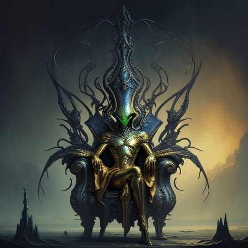 Alien on Throne in Surreal Oil Painting