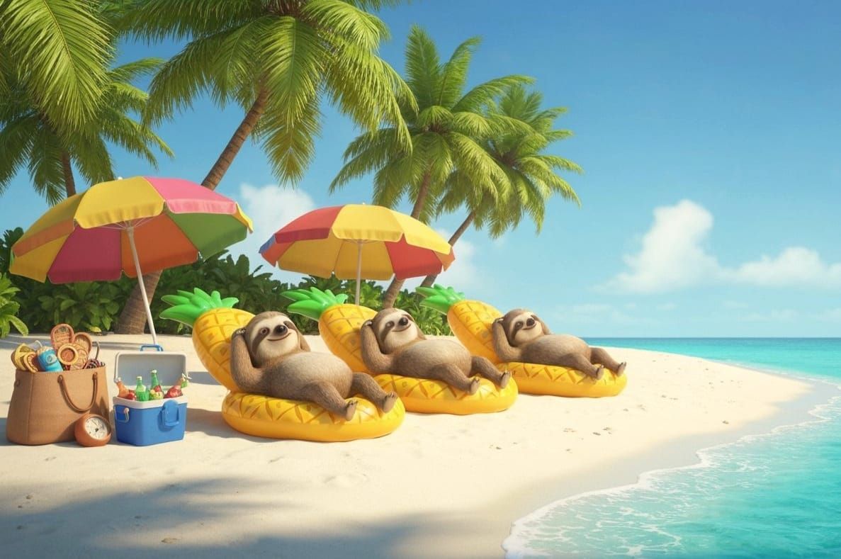 Three relaxing sloths tanning on a Maldives beach
