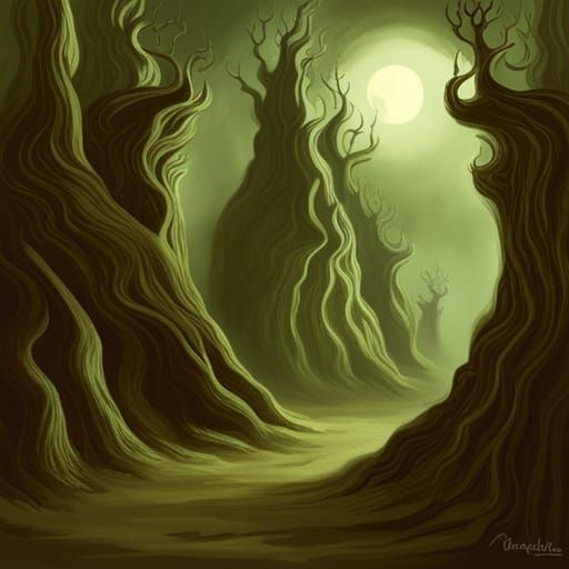 Enchanted forest of horrors and fears, hills, trees, enchant...