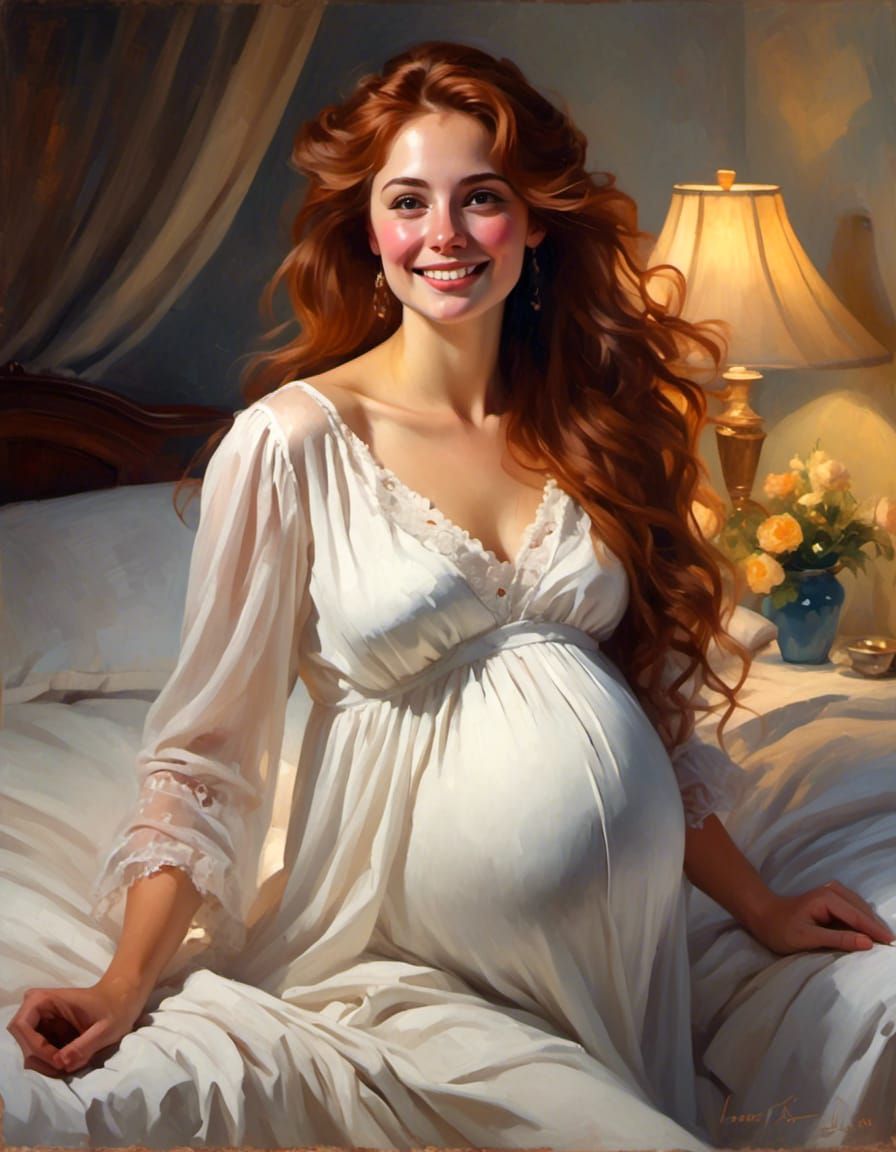 Beautiful curvy pregnant young Victorian woman with long aub...