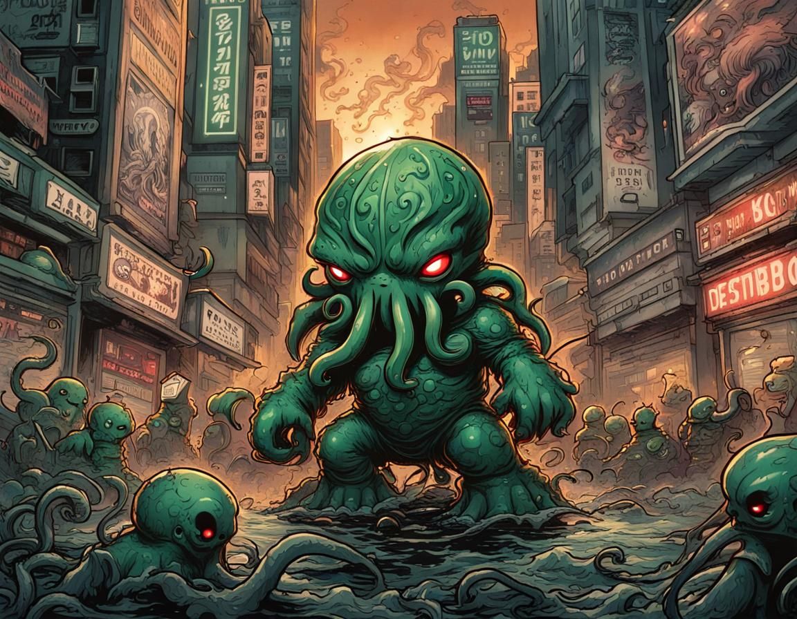 Giant Chibi Cthulhu Destroying Tokyo, Masterpiece Mark Brooks And Dan 