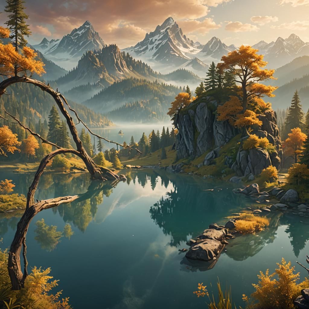 a calm lake with trees and mountains in the background