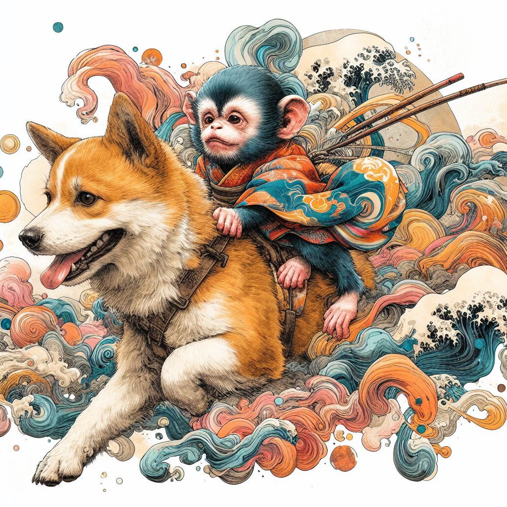 Baby Monkey riding a corgi