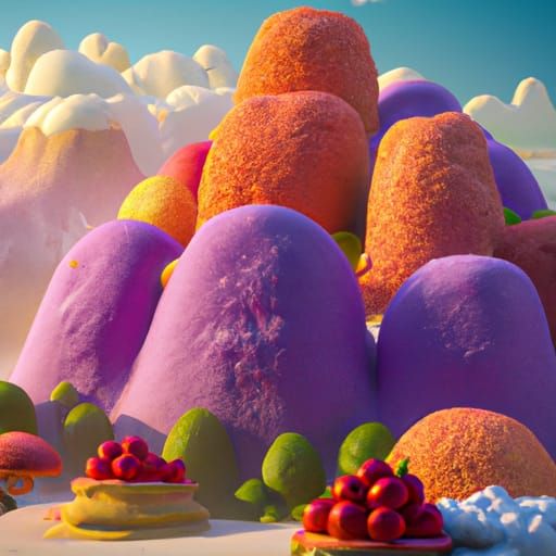 High cloudy mountains made of fruits