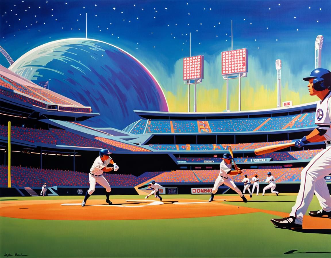 16k resolution, art by Syd Mead, Yoko Honda, Cosmic baseball stadium ...