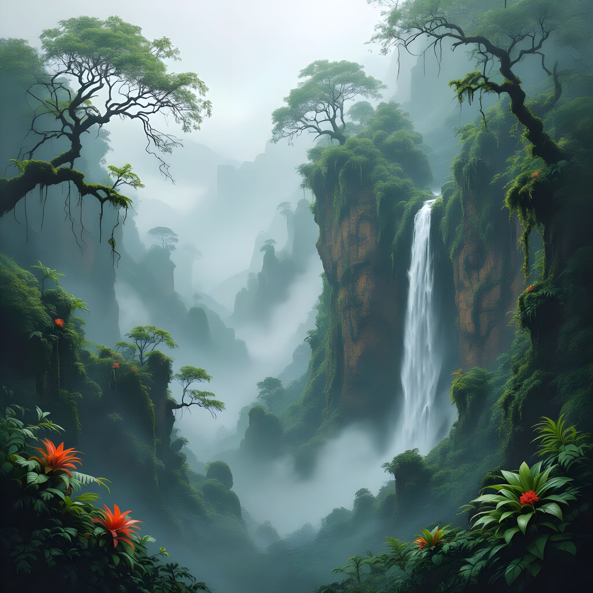 A misty long shot of 
 hyper realistic steep jungle cliffs with waterfalls and trees clinging to the cliff walls. Large branches covered in ...