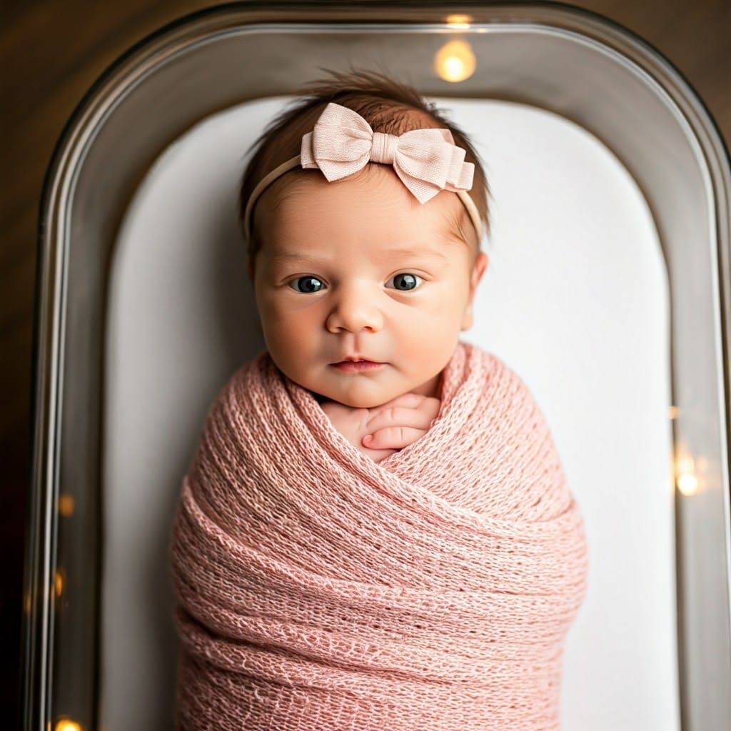 Delicate Watercolor Newborn Baby Girl in Cozy Crib