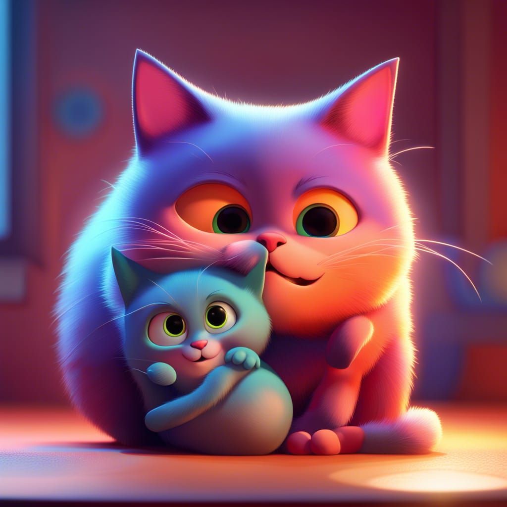 Hot embrace of a cat and a cat Pixar, Disney, concept art, 3...