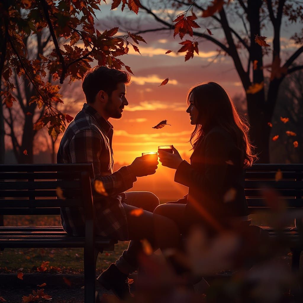 A couple, silhouetted against a vibrant autumn sunset, shares a warm cup of spiced cider on a park bench. ...  by @Angie