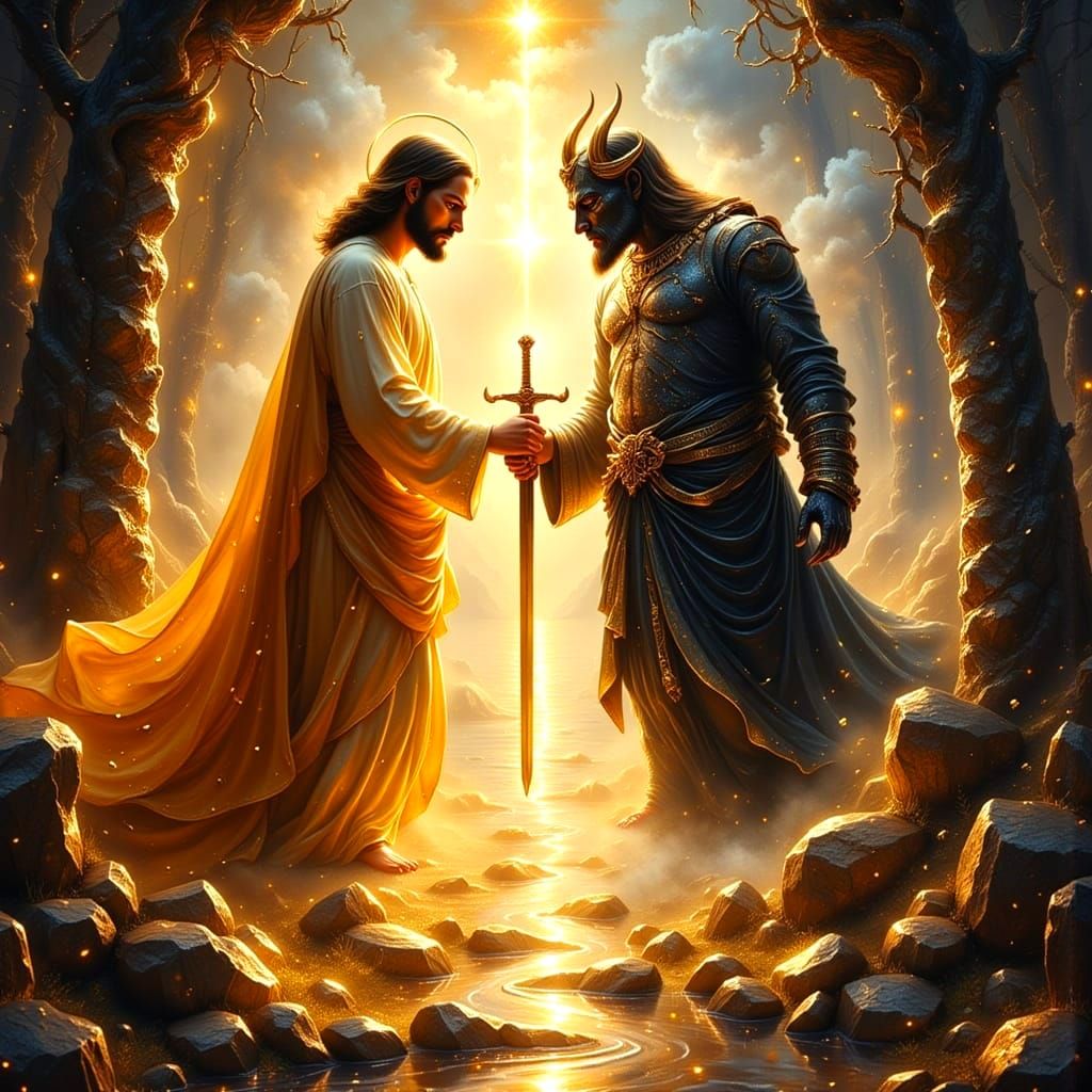 I Didn’t Come to Bring Peace but a Sword – Jesus vs. the Devil”  by @Andrew Fischer  AI Artist