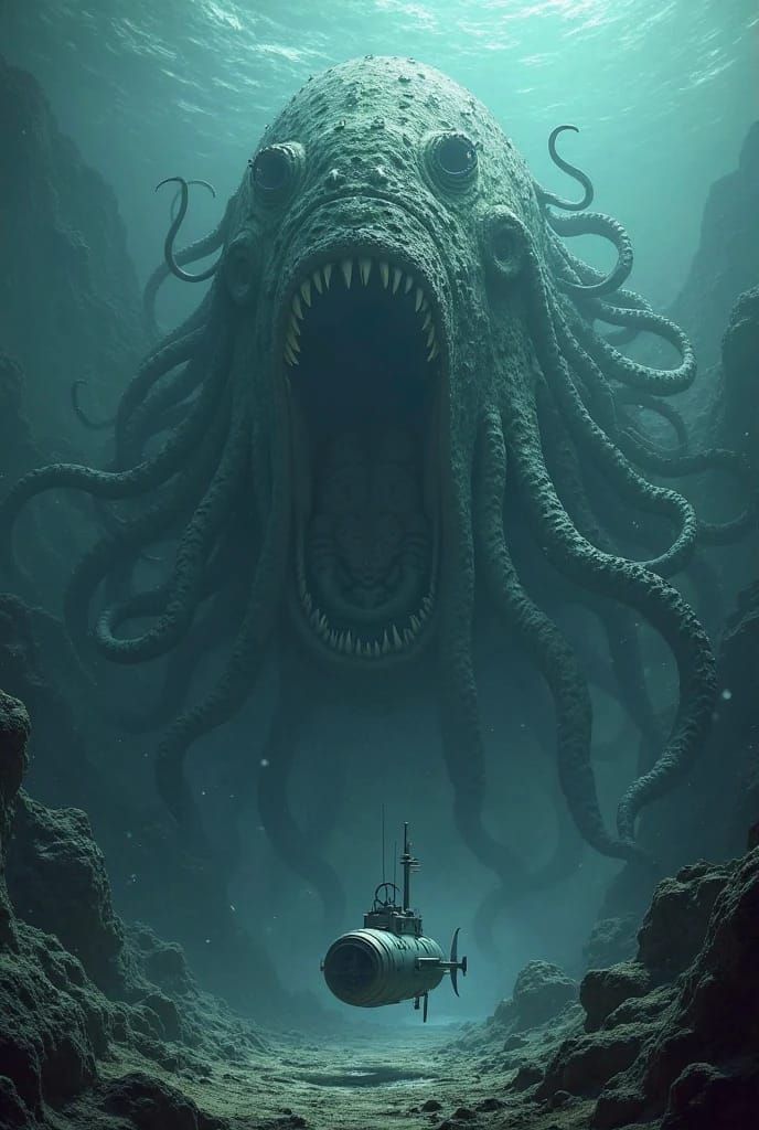 The bloop evil gargantuan sea monster attacking a submarine at the bottom of the marianas trench in real life style