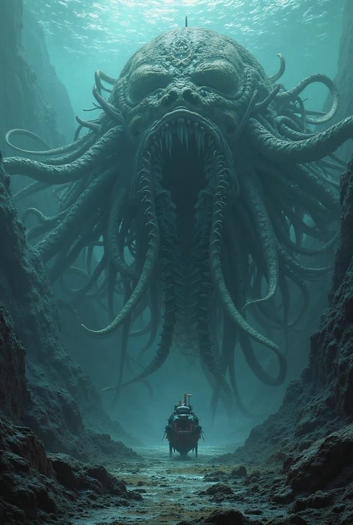 The bloop sea monster attacking a submarine at the bottom of the marianas trench