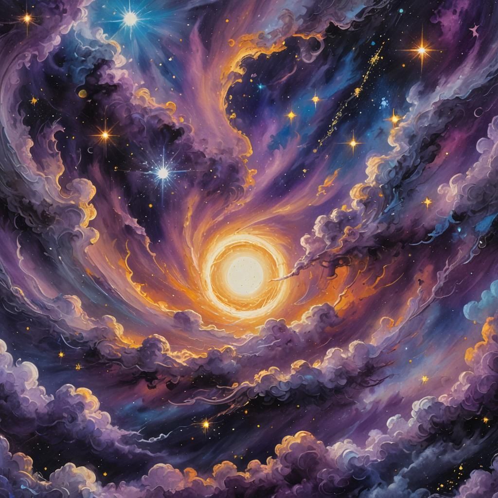 Celestial Sun Among Purple Stars as Oil Painting