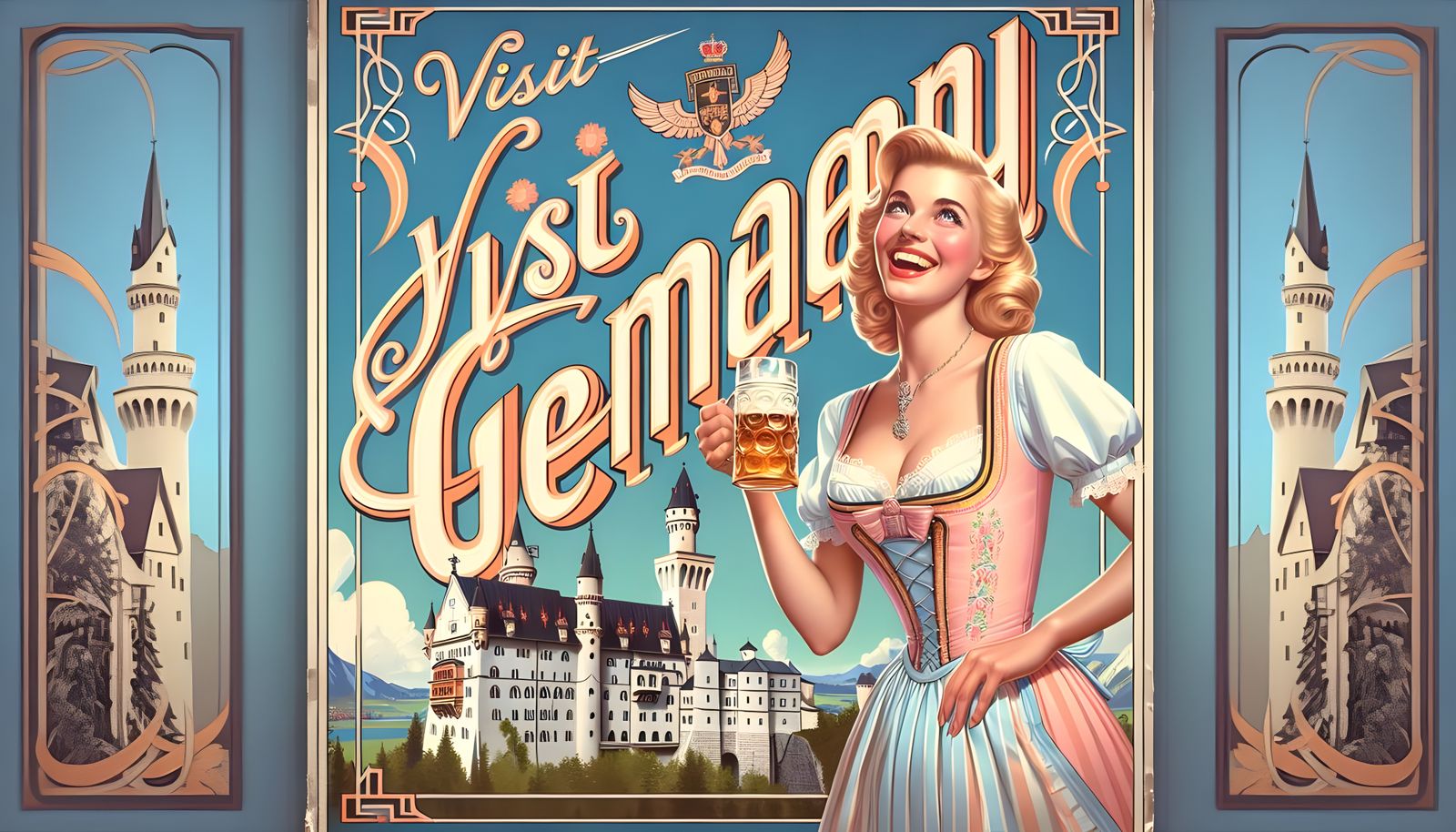 "A vintage travel poster titled “Visit Germany” at the top in bold, elegant 1950s-inspired hand-lettering ...  by @Artificial Intelligence Artist
