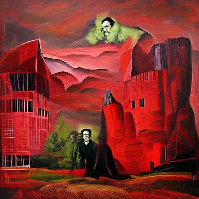 dracula and frankenstein in a red modern landscape