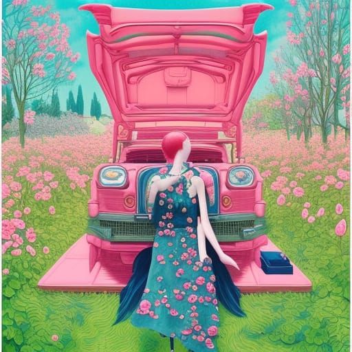 A camion in a rose garden on a spring day, by martine johann...