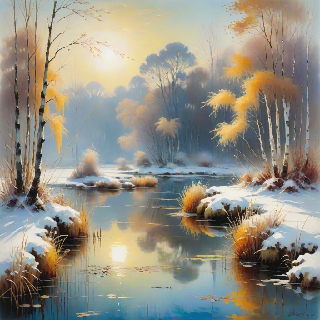 winter pond with reeds and birches trees landscape at large bright sunshine   by @Mapont
