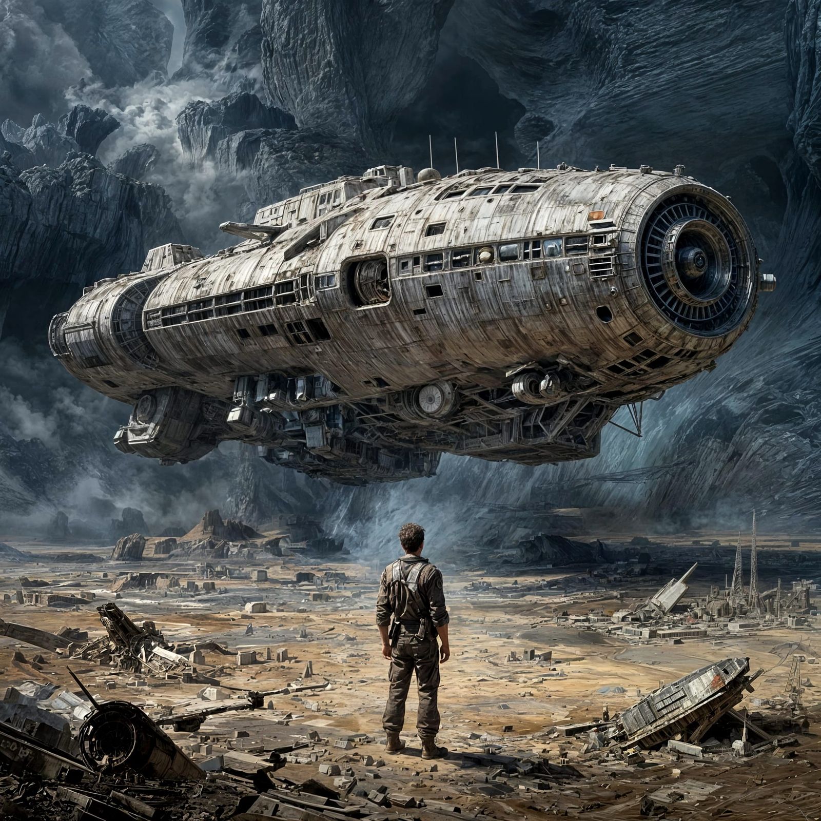 A colossal, derelict spaceship hovers ominously above a desolate, cracked earth landscape  by @Valmont