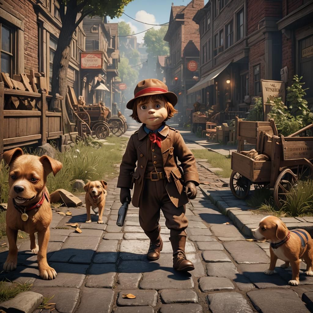 A human dog in street with dogs