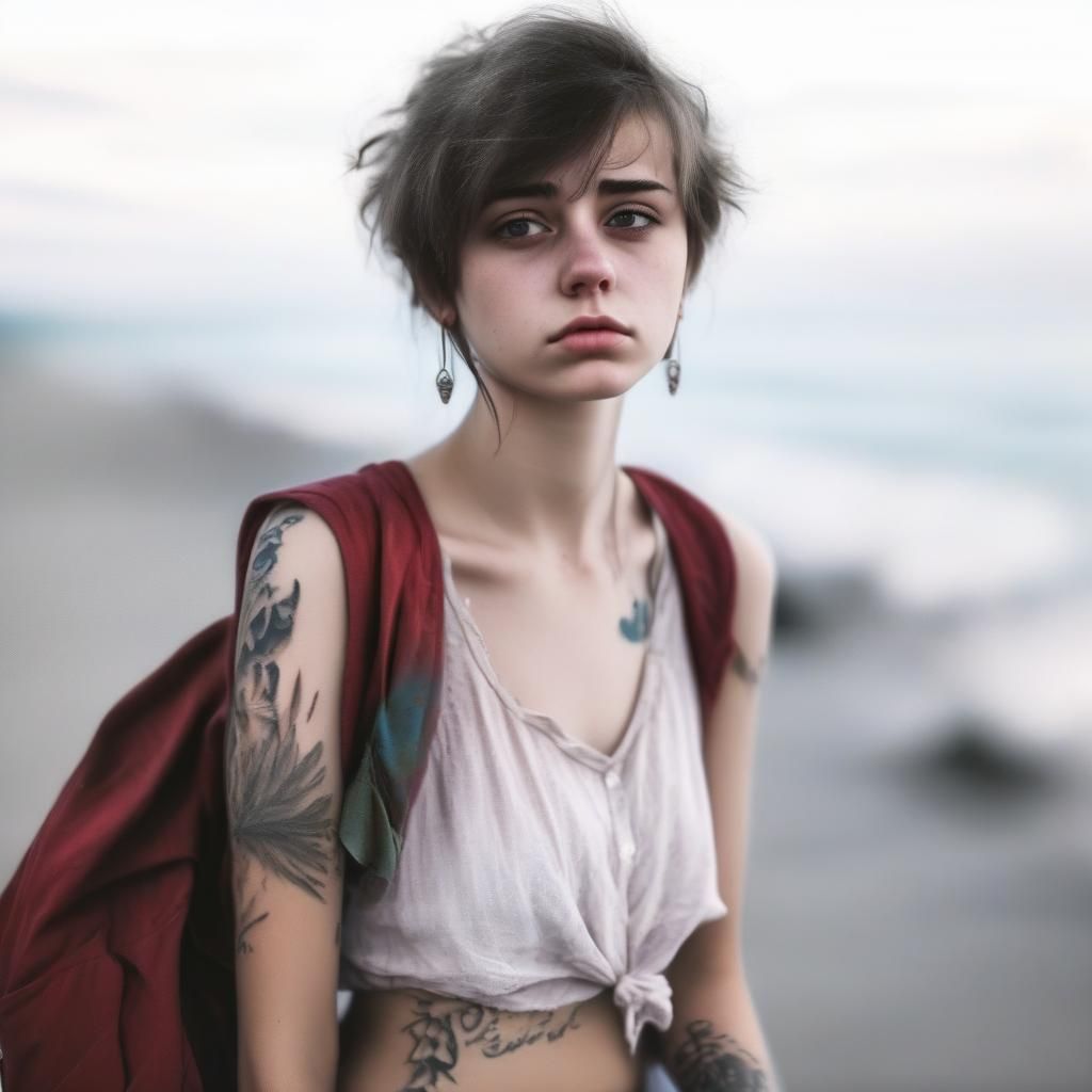 A sad girl alone on the cold beach #01