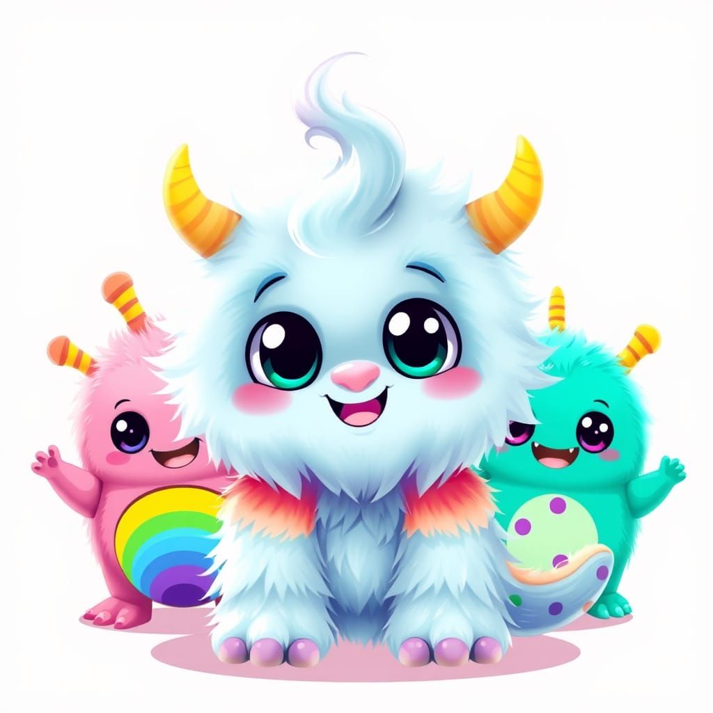 fluffy baby rainbow monsters cartoon plain background
