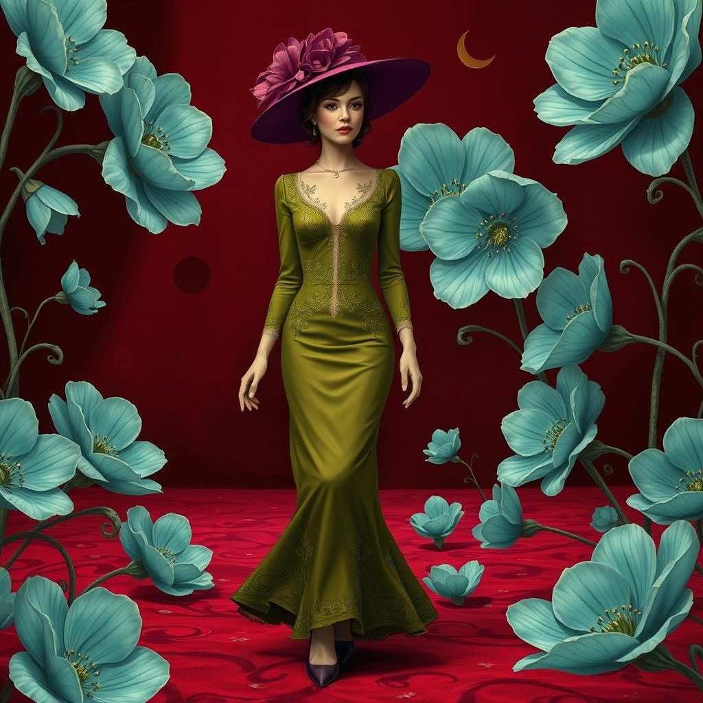 Catwalk in olive green dress